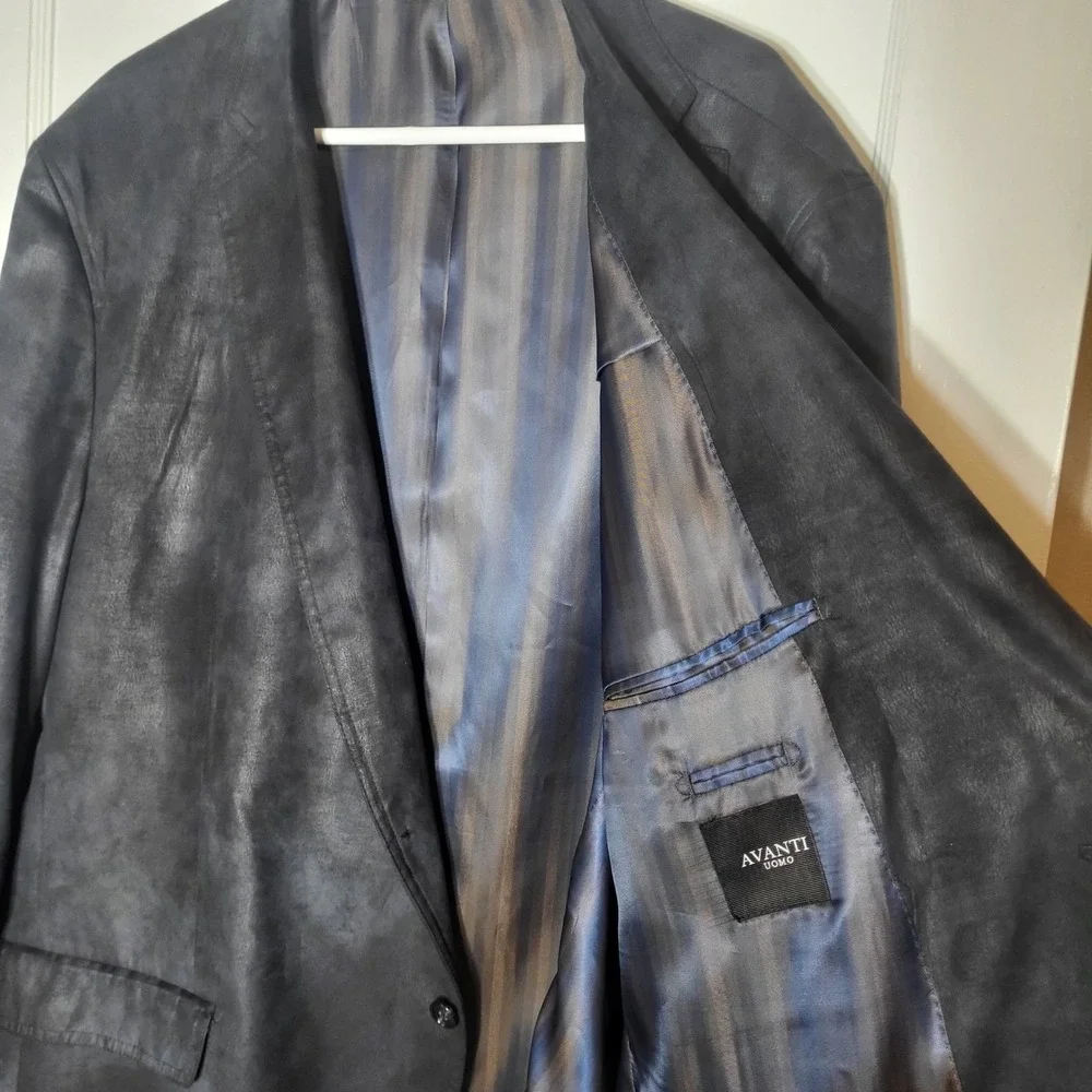 Avanti Uomo Mens Navy Blue Distressed Faux Leather Blazer Sport Coat Jacket